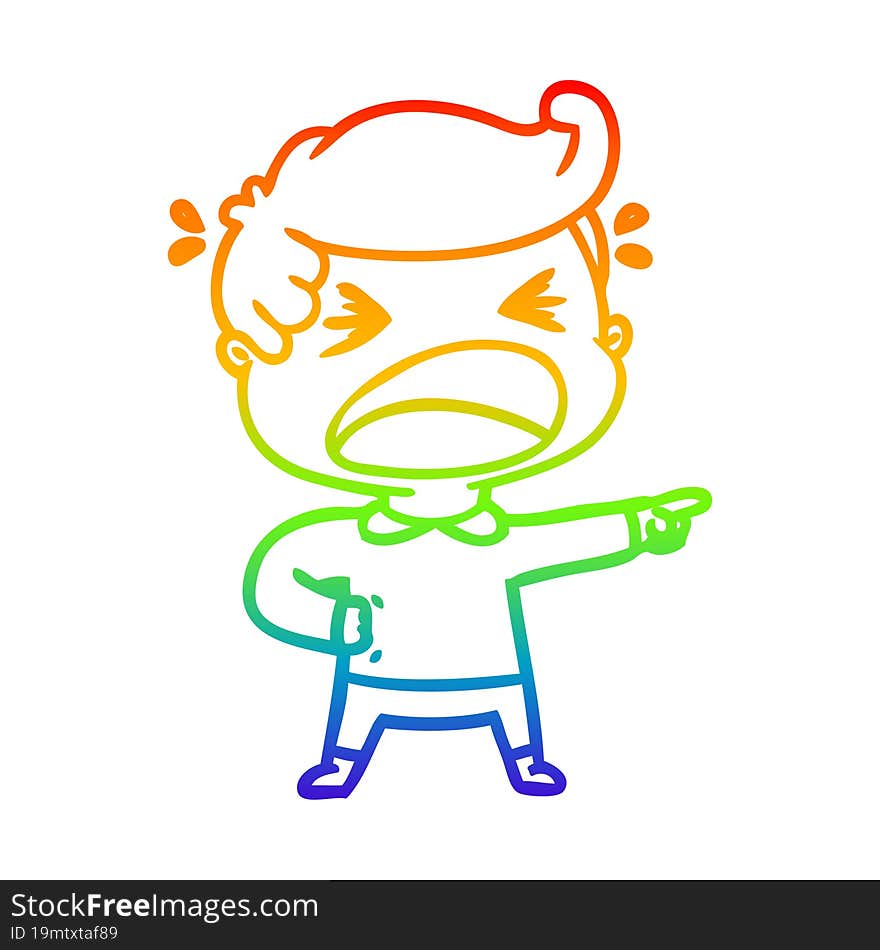 rainbow gradient line drawing of a cartoon shouting man pointing finger