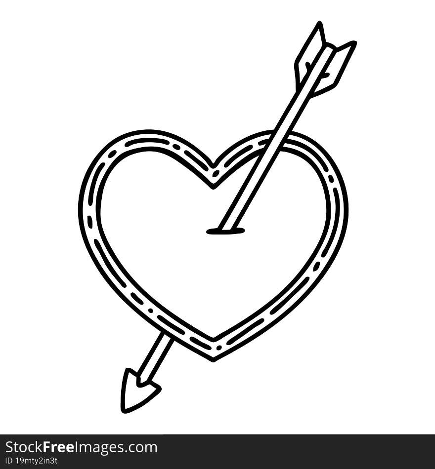 tattoo in black line style of an arrow and heart. tattoo in black line style of an arrow and heart