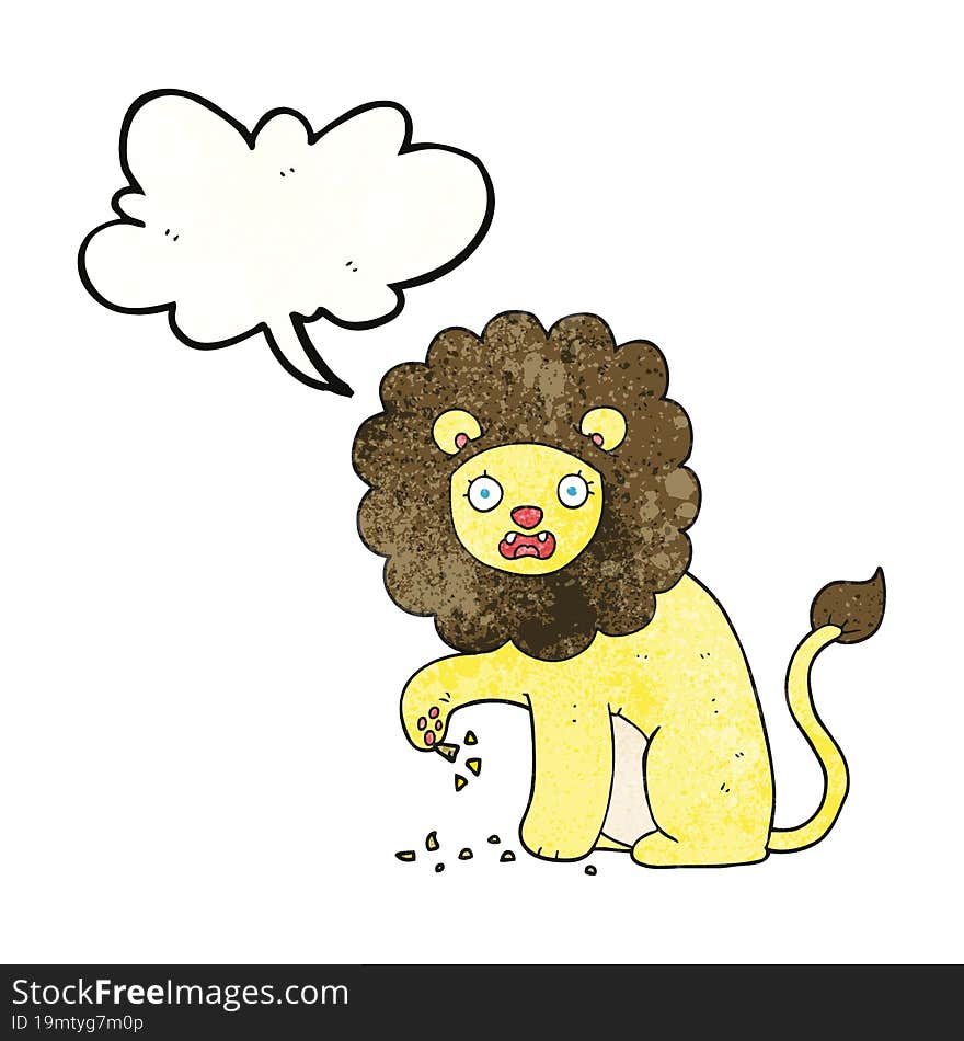 freehand speech bubble textured cartoon lion with thorn in foot