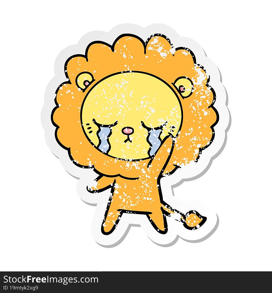 Distressed Sticker Of A Crying Cartoon Lion