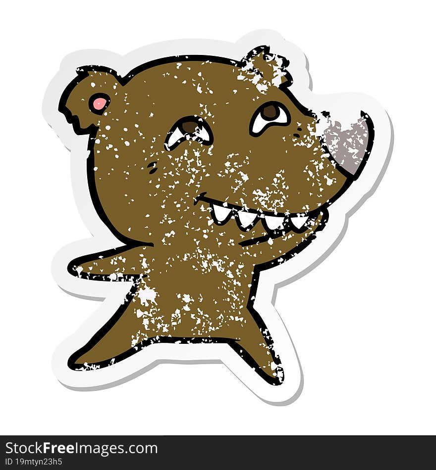 distressed sticker of a cartoon bear showing teeth