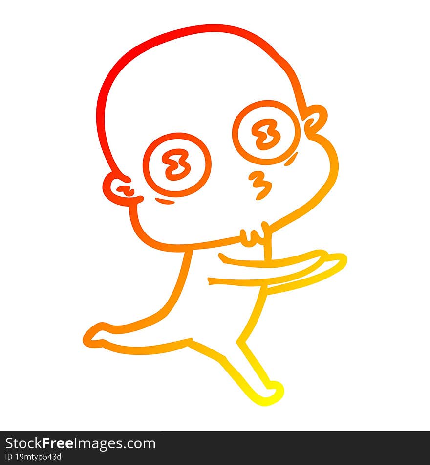 warm gradient line drawing of a cartoon weird bald spaceman running