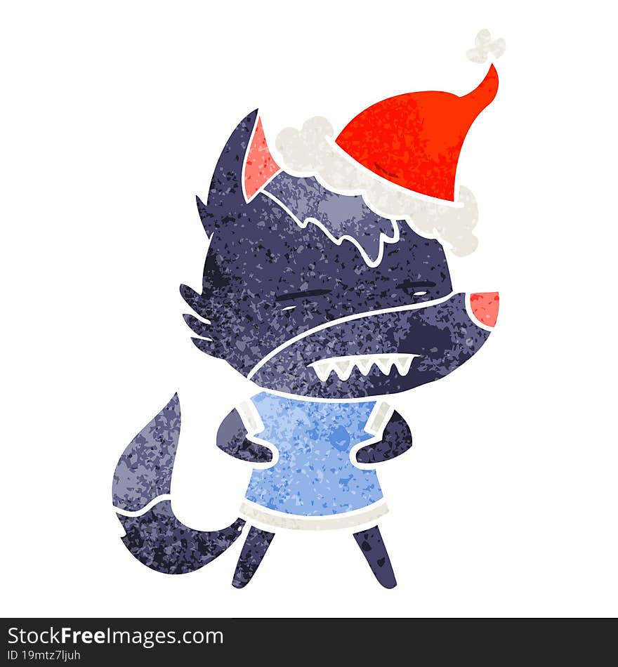 hand drawn retro cartoon of a wolf showing teeth wearing santa hat