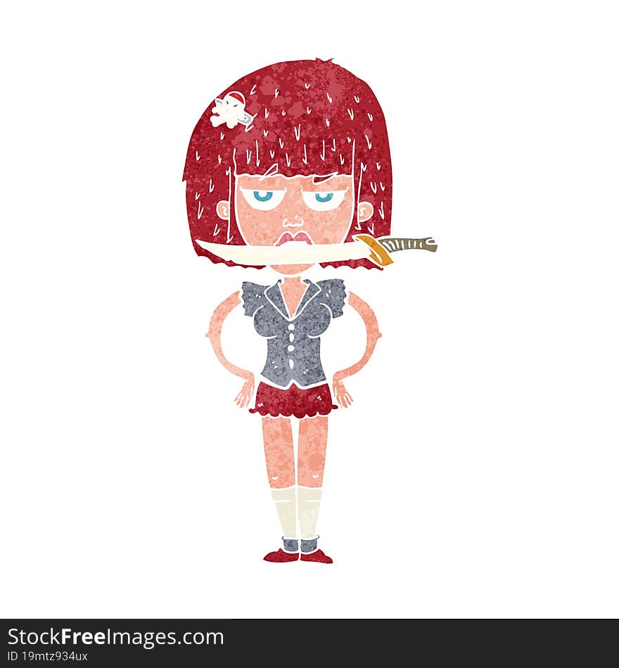 cartoon woman with knife in teeth