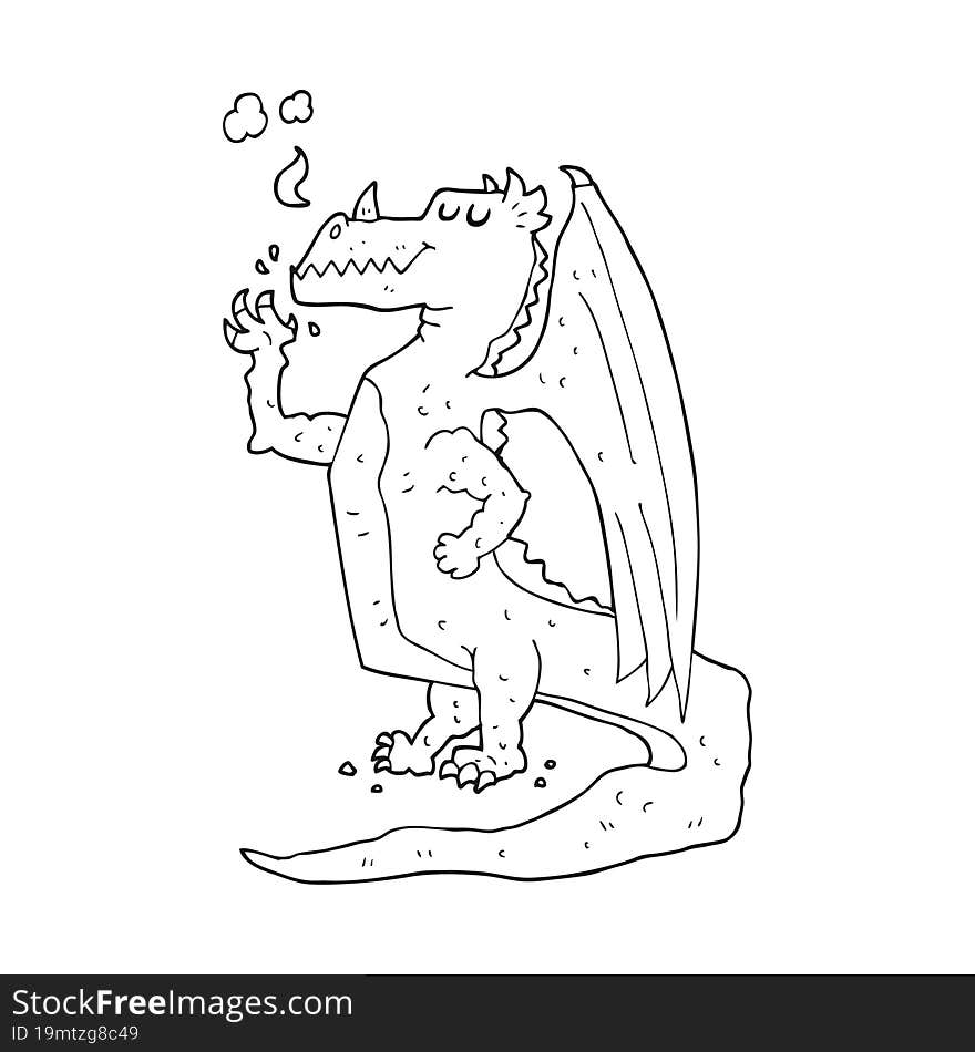 freehand drawn black and white cartoon happy dragon