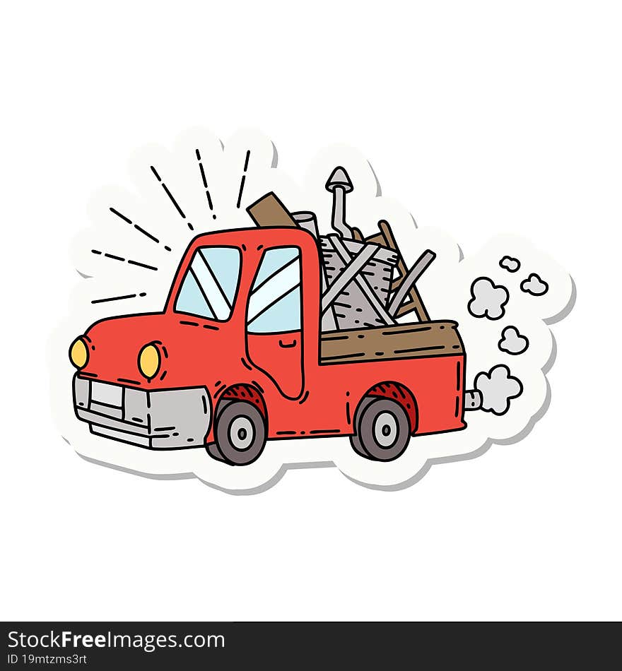 Sticker Of Tattoo Style Truck Carrying Junk