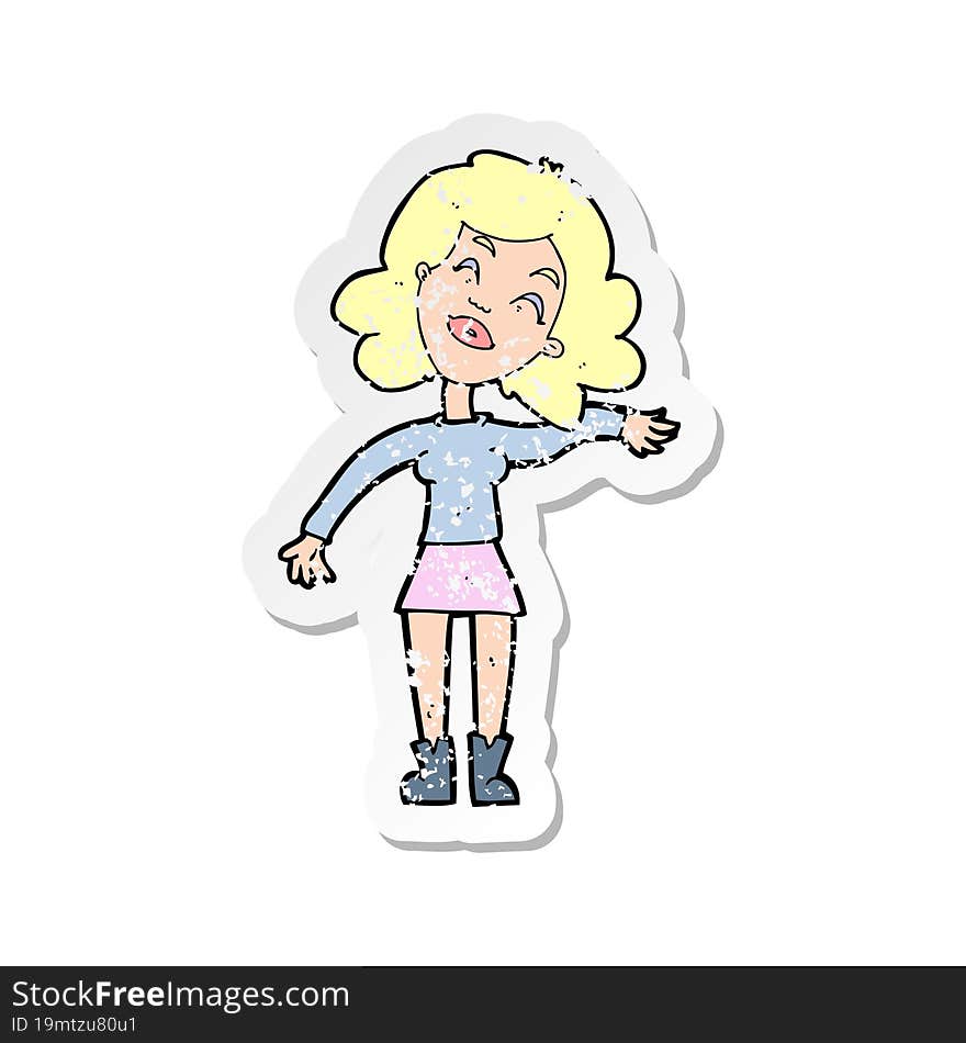 Retro Distressed Sticker Of A Cartoon Woman Only Joking