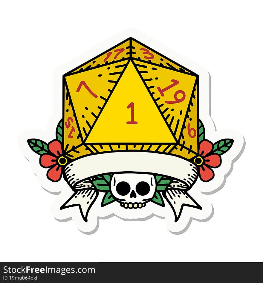 sticker of a natural one d20 dice roll. sticker of a natural one d20 dice roll