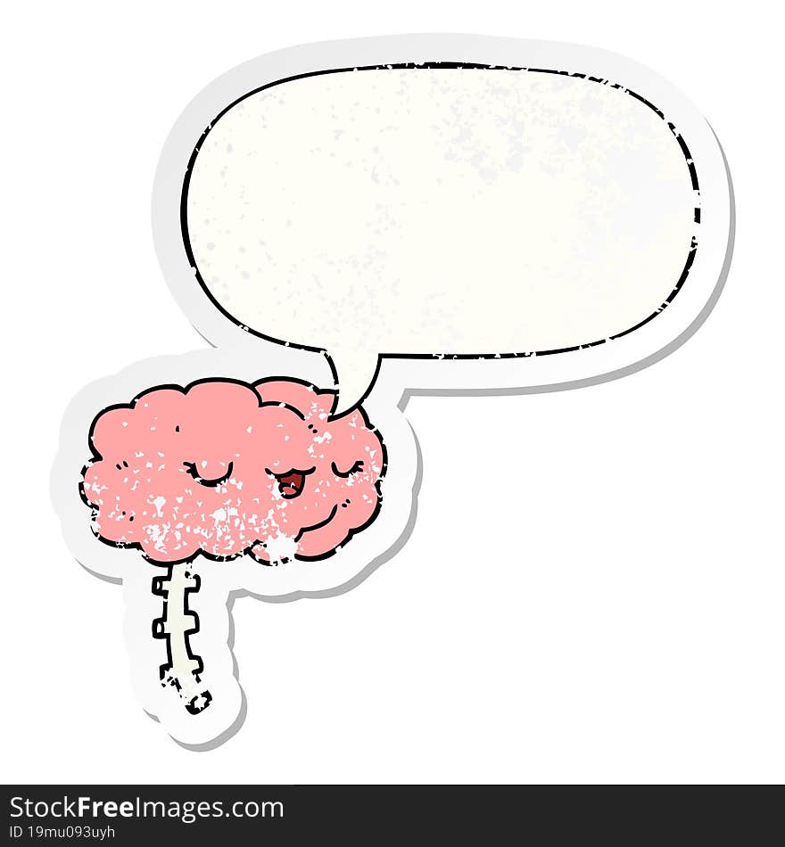 happy cartoon brain and speech bubble distressed sticker