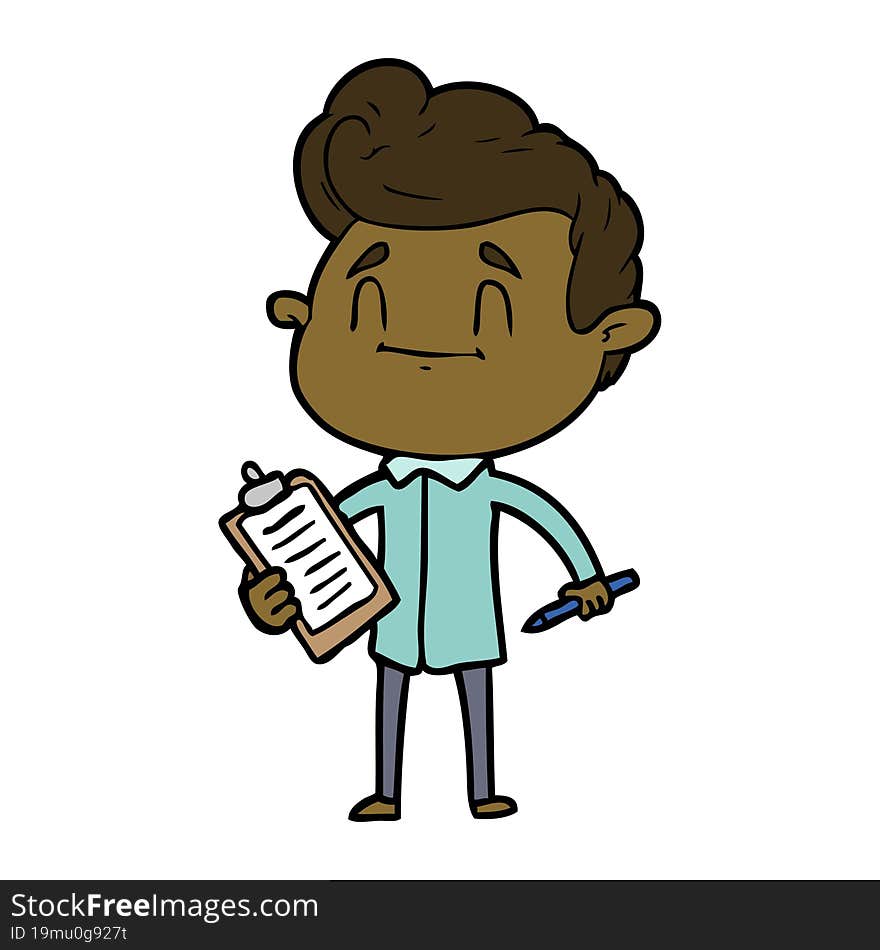 happy cartoon man with pen and clipboard. happy cartoon man with pen and clipboard