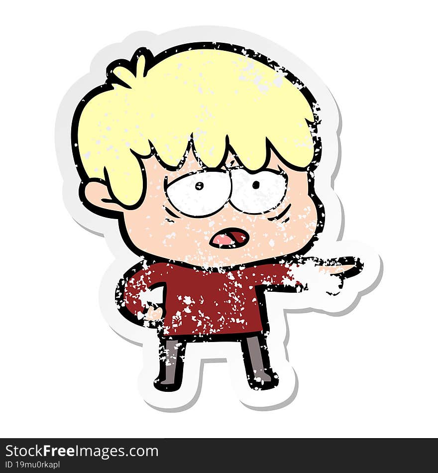 distressed sticker of a cartoon exhausted boy