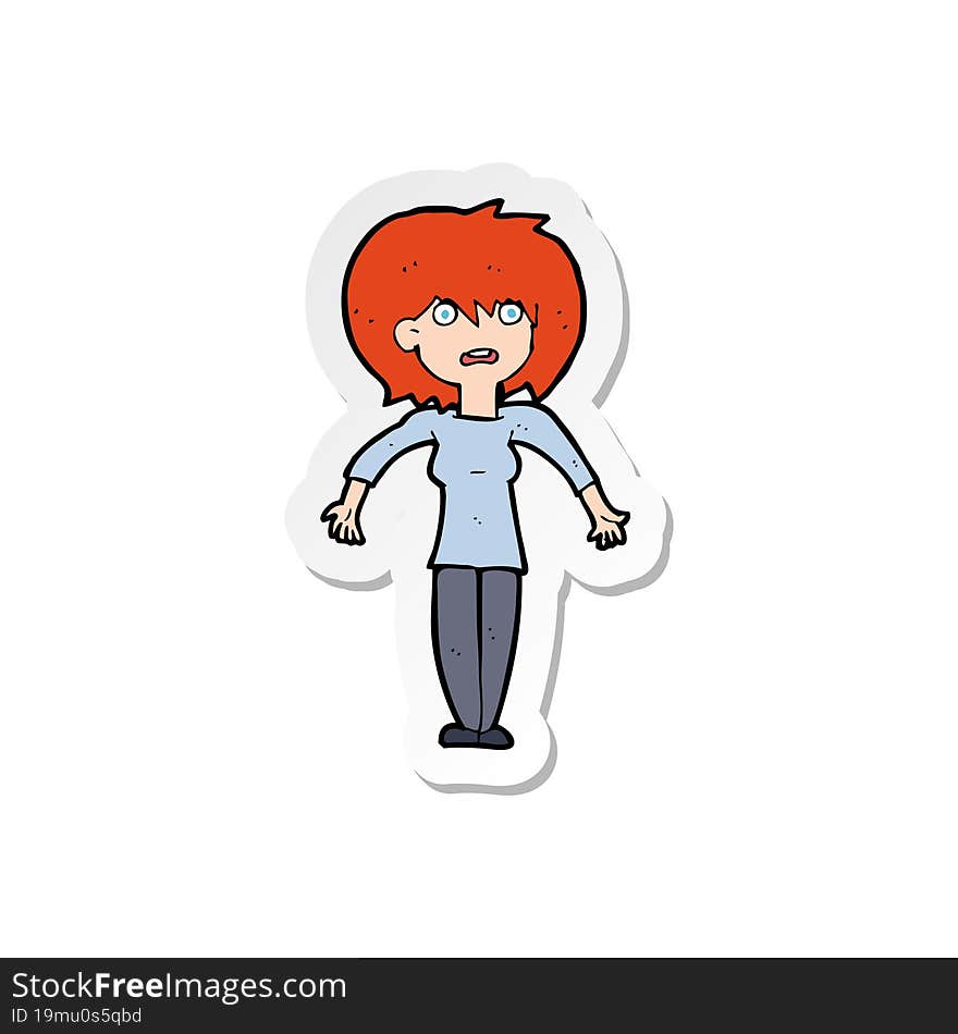 sticker of a cartoon woman shrugging shoulders