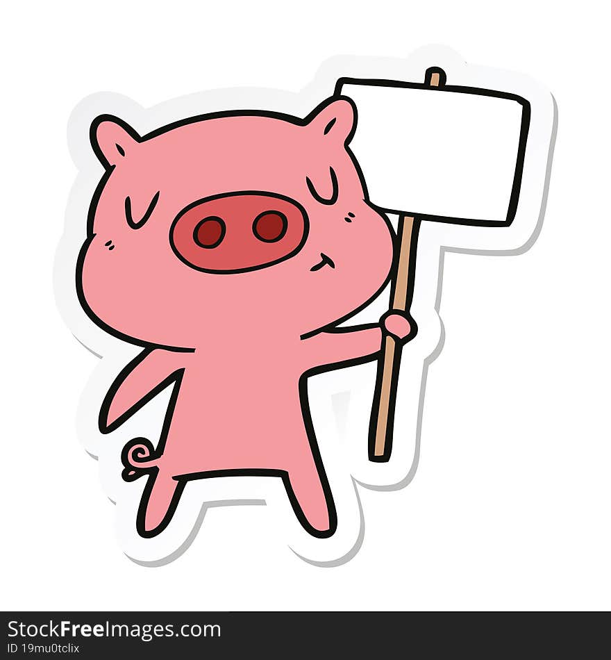 sticker of a cartoon content pig signpost;sign