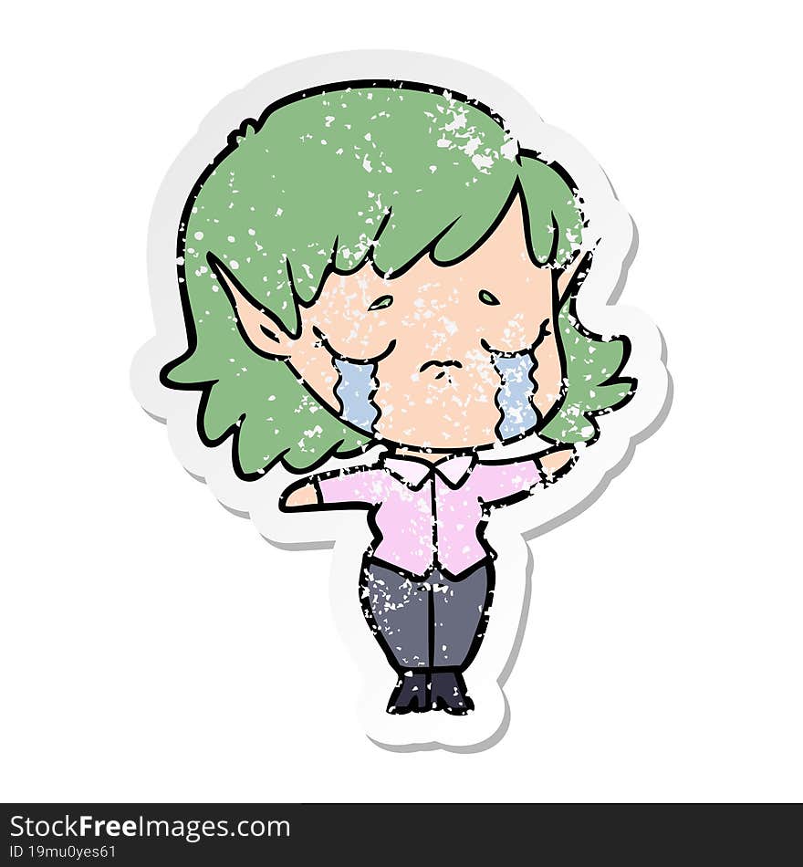 distressed sticker of a cartoon crying elf girl