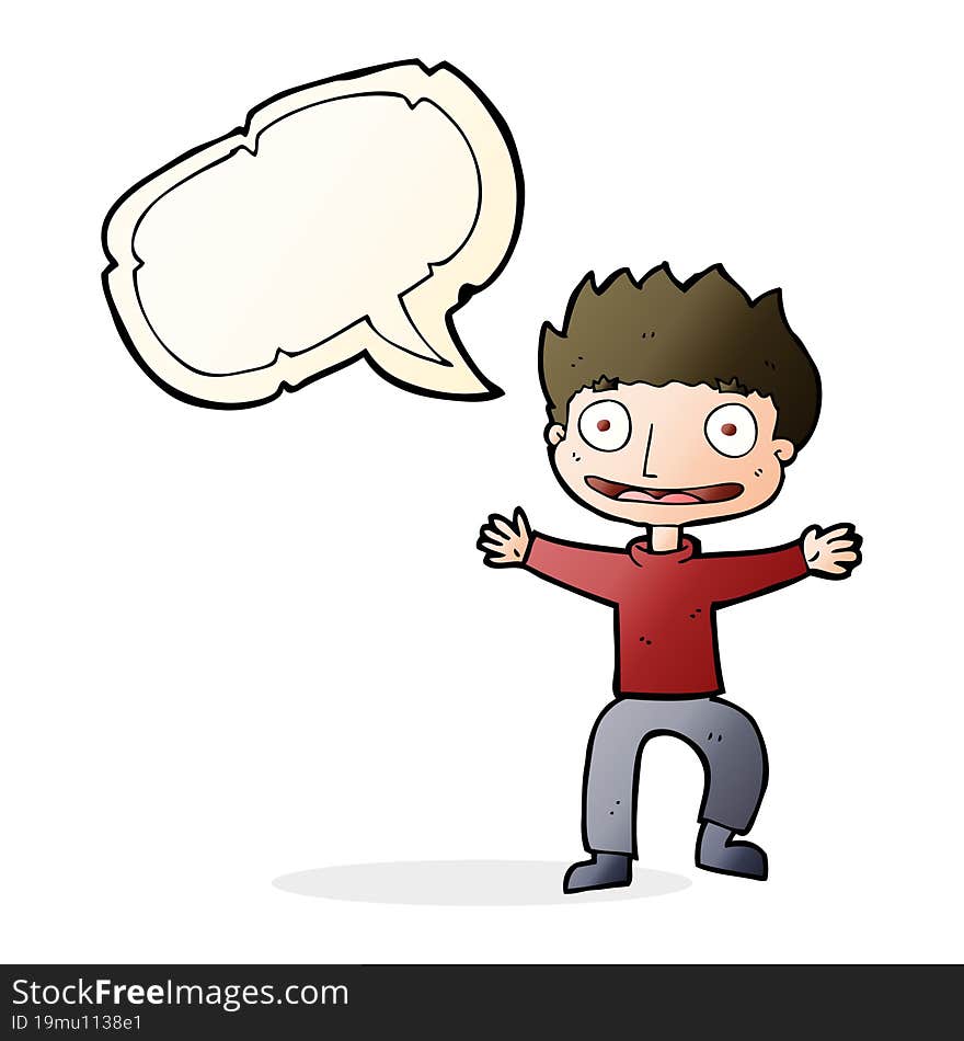 cartoon grinning boy with speech bubble