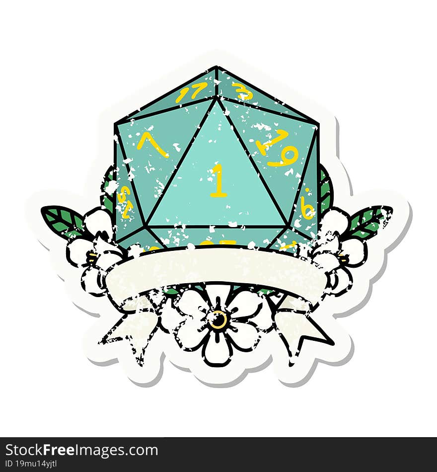 grunge sticker of a natural one d20 dice roll. grunge sticker of a natural one d20 dice roll