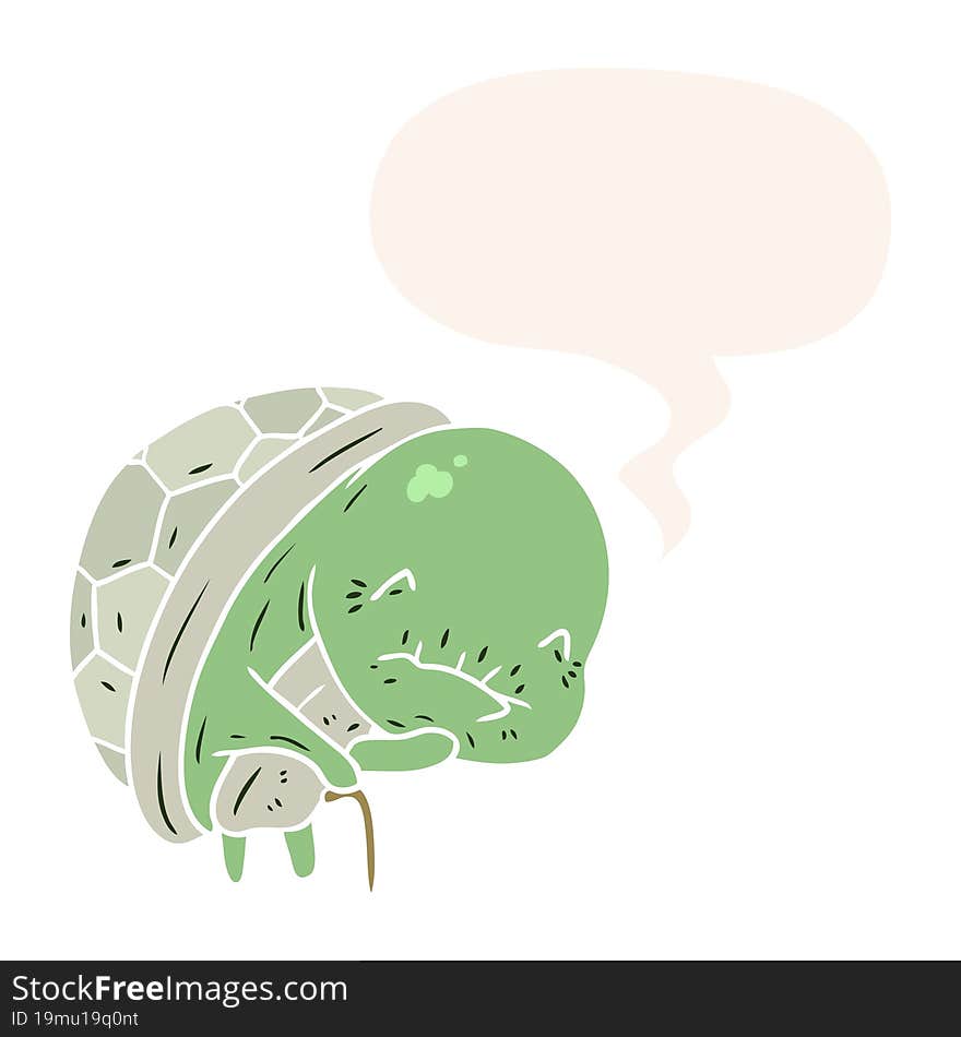 cute cartoon old turtle and walking stick and speech bubble in retro style