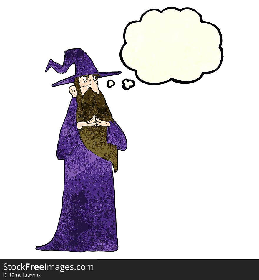 cartoon old wizard with thought bubble