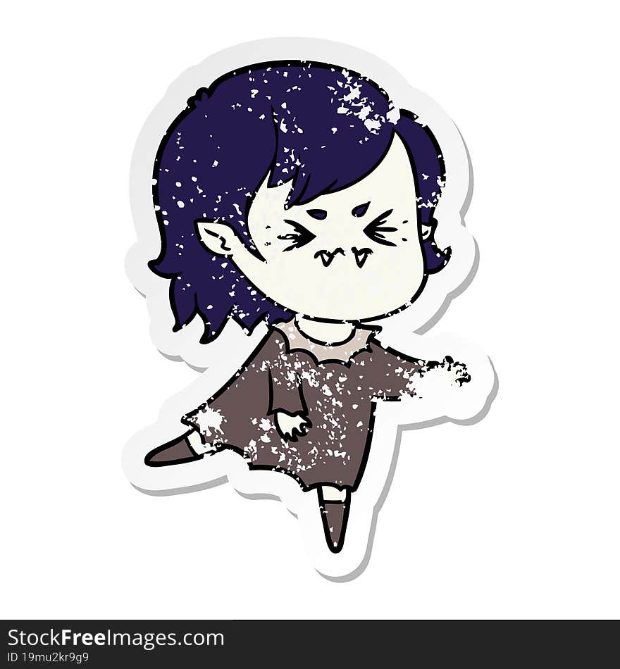 Distressed Sticker Of A Annoyed Cartoon Vampire Girl