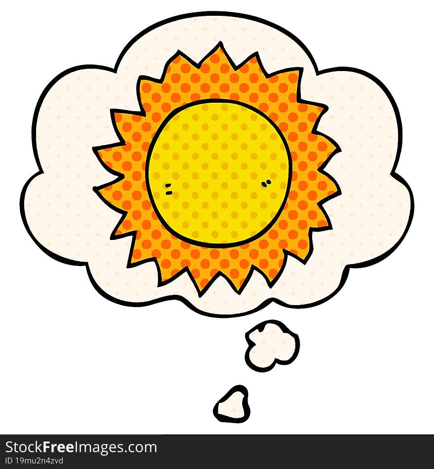 cartoon sun with thought bubble in comic book style