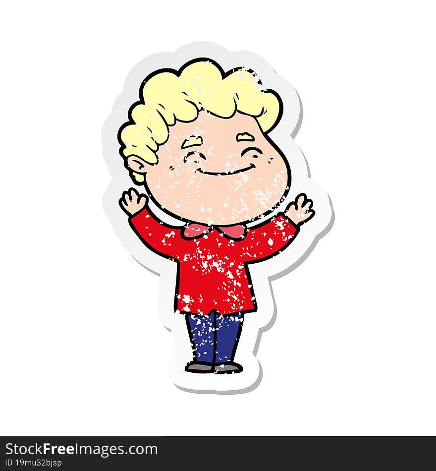 distressed sticker of a cartoon friendly man