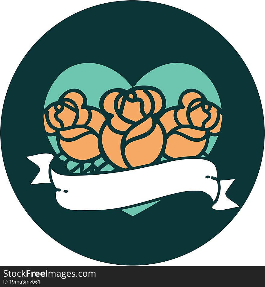 iconic tattoo style image of a heart and banner with flowers. iconic tattoo style image of a heart and banner with flowers