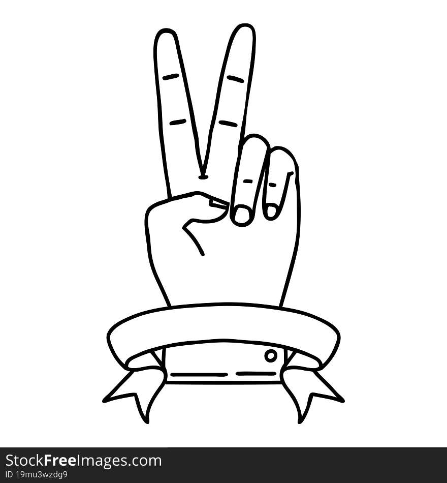 Black and White Tattoo linework Style peace two finger hand gesture with banner. Black and White Tattoo linework Style peace two finger hand gesture with banner