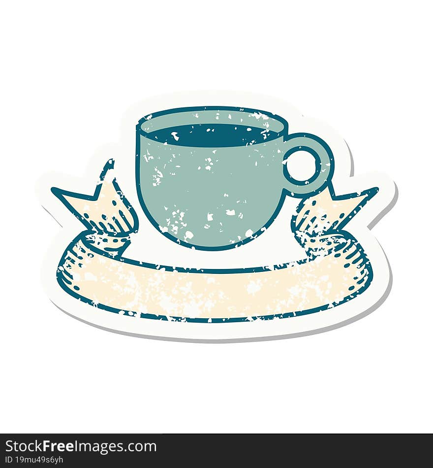 grunge sticker with banner of cup of coffee