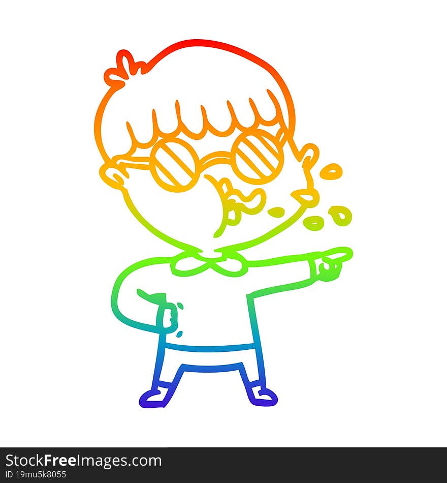 rainbow gradient line drawing cartoon boy wearing spectacles and pointing