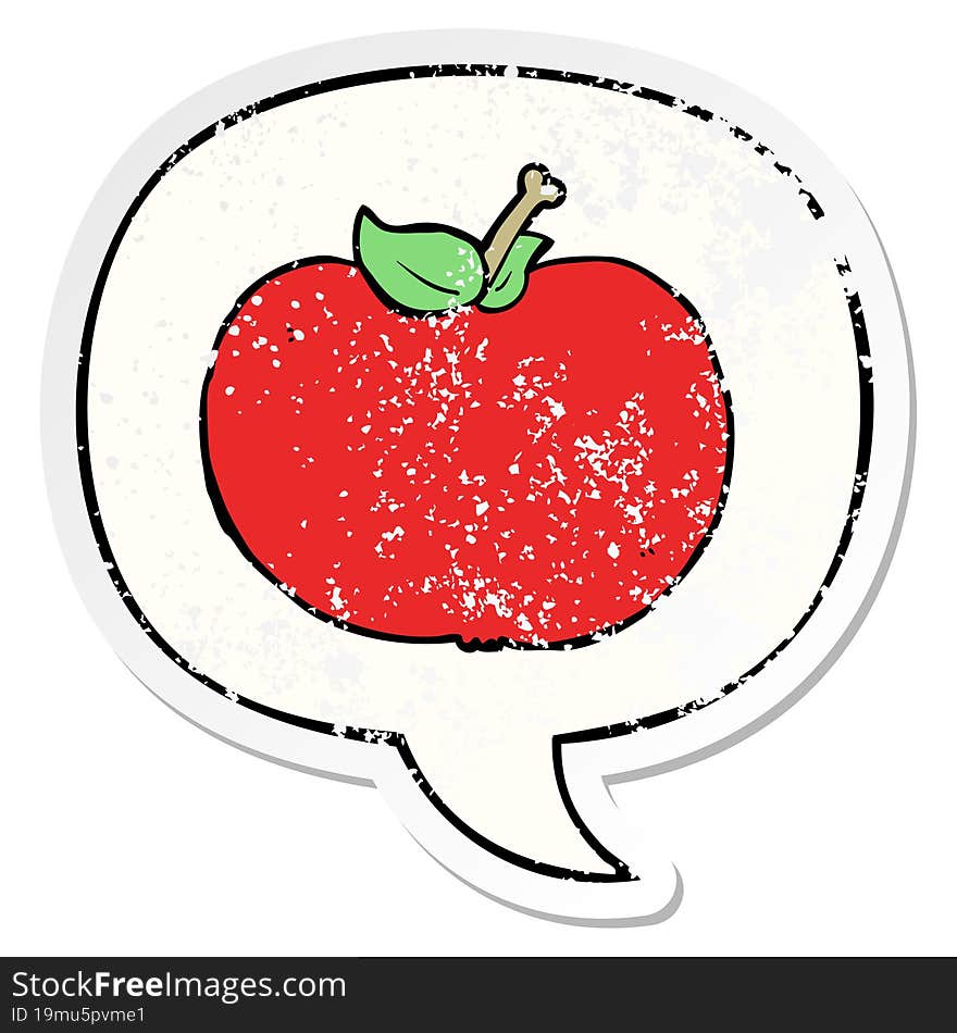 cartoon apple with speech bubble distressed distressed old sticker. cartoon apple with speech bubble distressed distressed old sticker