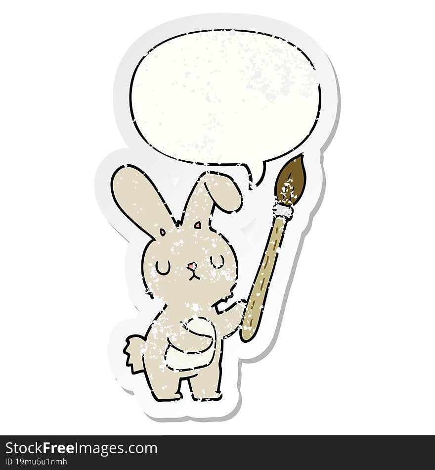 Cartoon Rabbit And Paint Brush And Speech Bubble Distressed Sticker