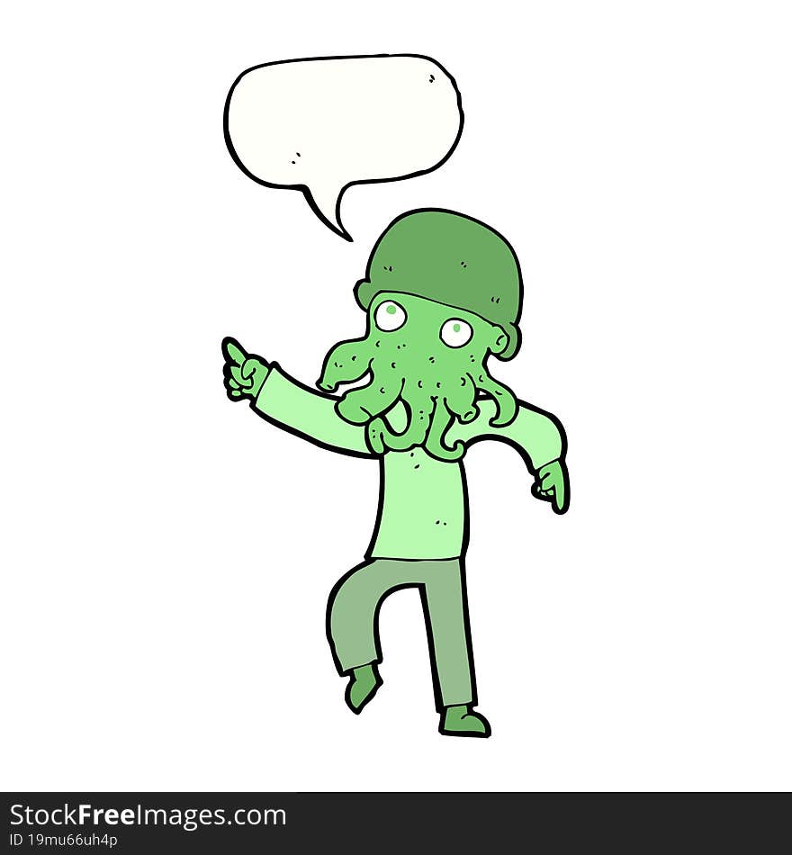 cartoon alien man dancing with speech bubble