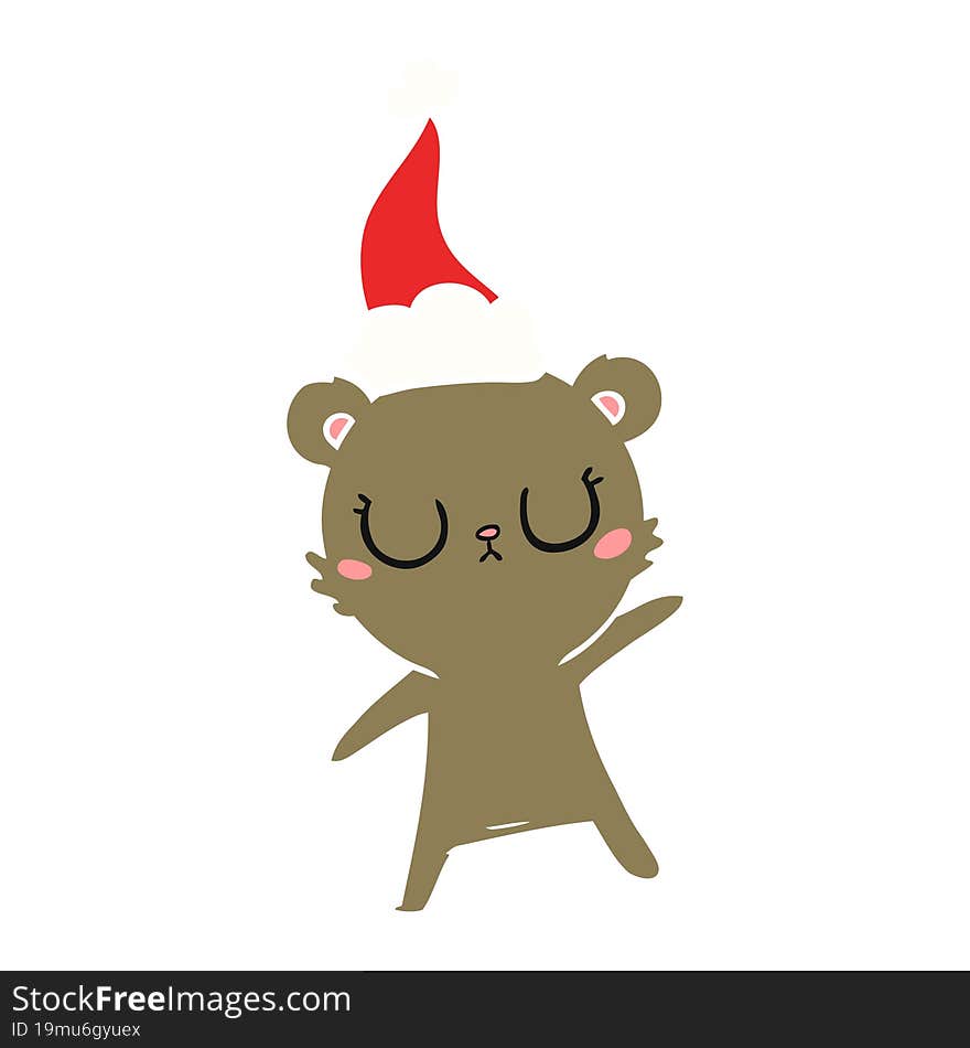 peaceful flat color illustration of a bear wearing santa hat