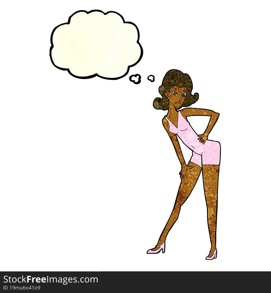 cartoon model woman posing with thought bubble