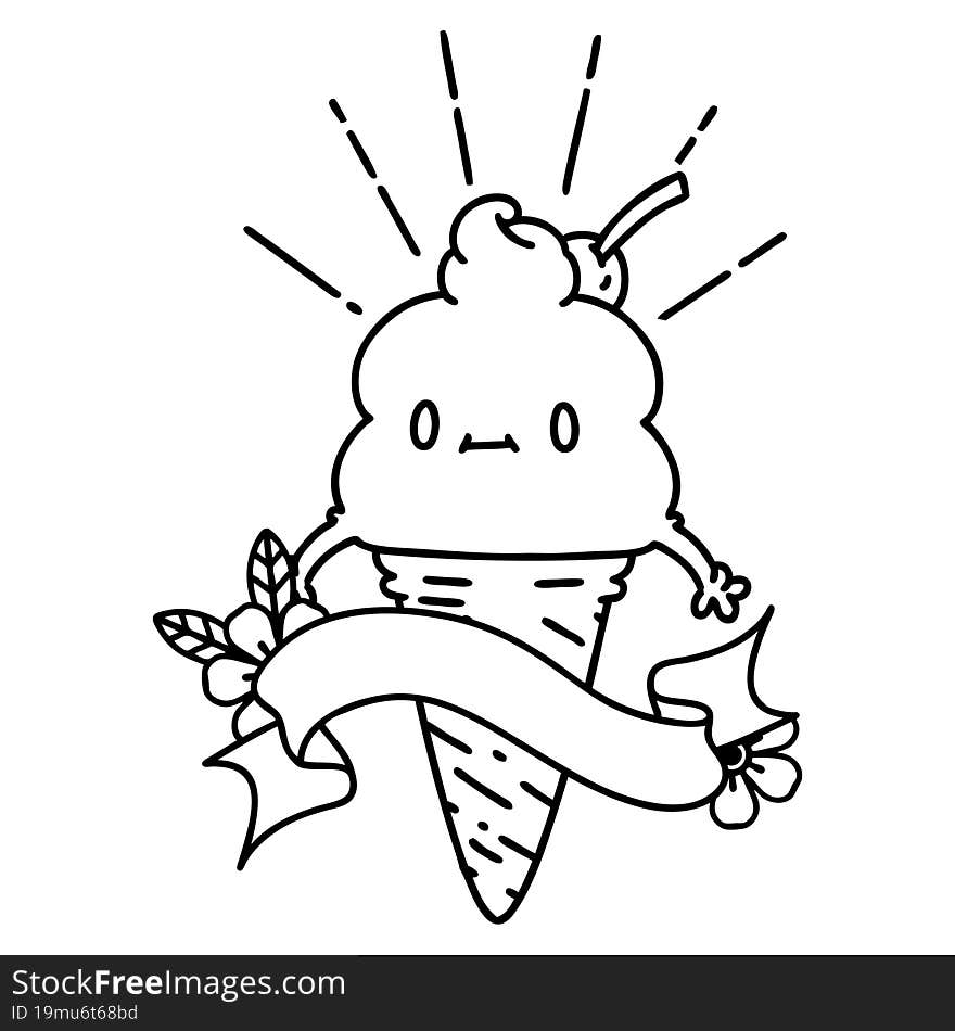 banner with black line work tattoo style ice cream character