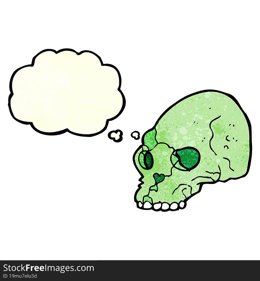 cartoon spooky skull with thought bubble