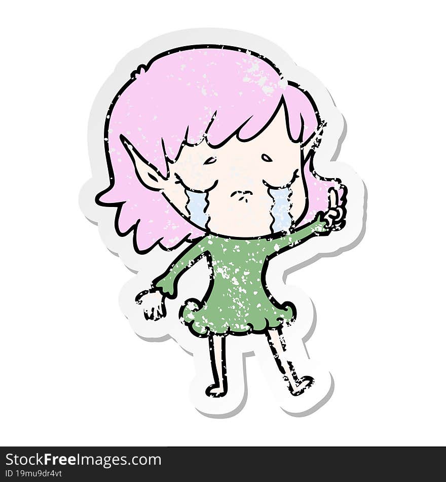 distressed sticker of a cartoon crying elf girl