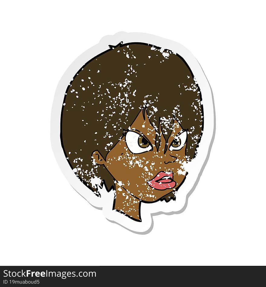 retro distressed sticker of a cartoon annoyed woman