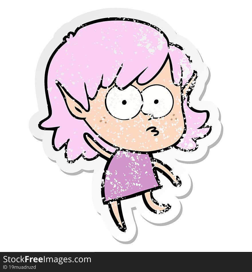 distressed sticker of a cartoon elf girl staring