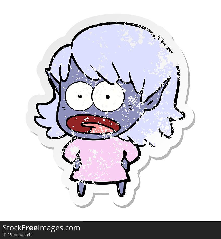 distressed sticker of a cartoon shocked elf girl