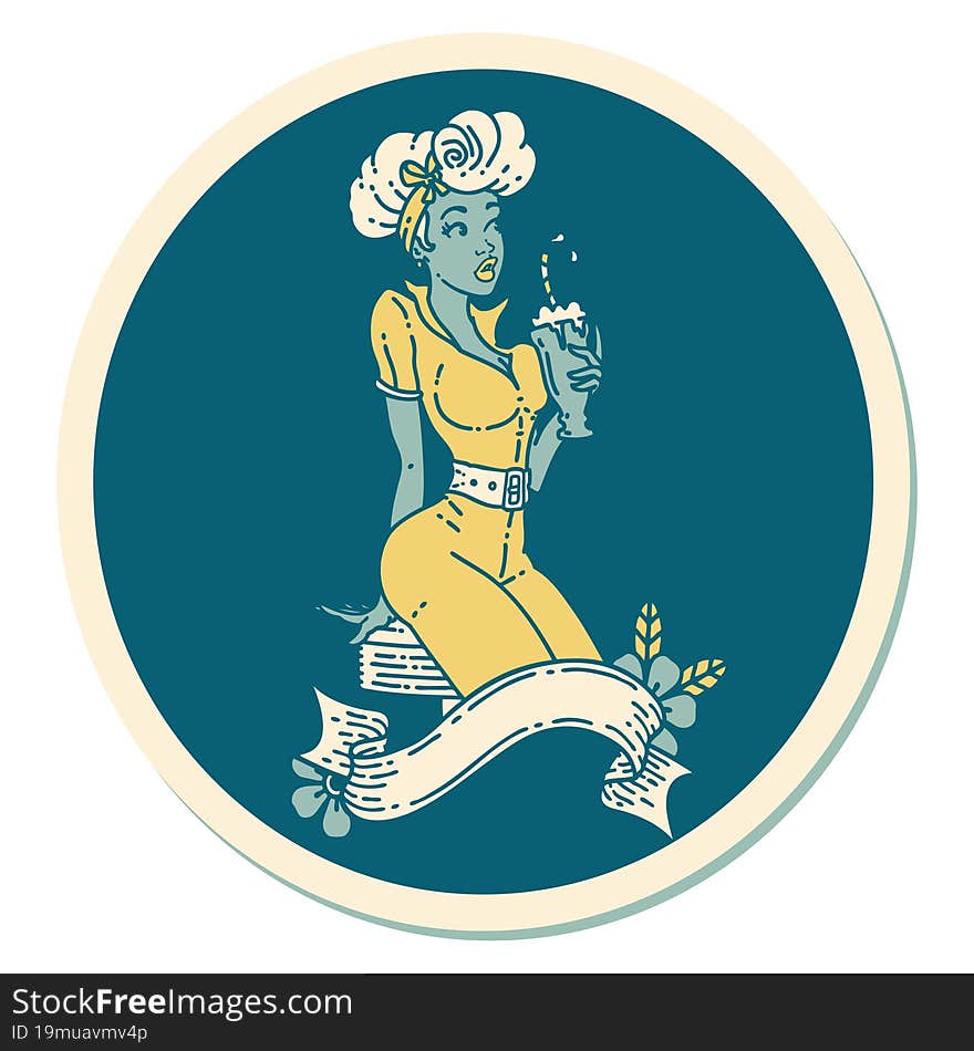 sticker of tattoo in traditional style of a pinup girl drinking a milkshake with banner. sticker of tattoo in traditional style of a pinup girl drinking a milkshake with banner