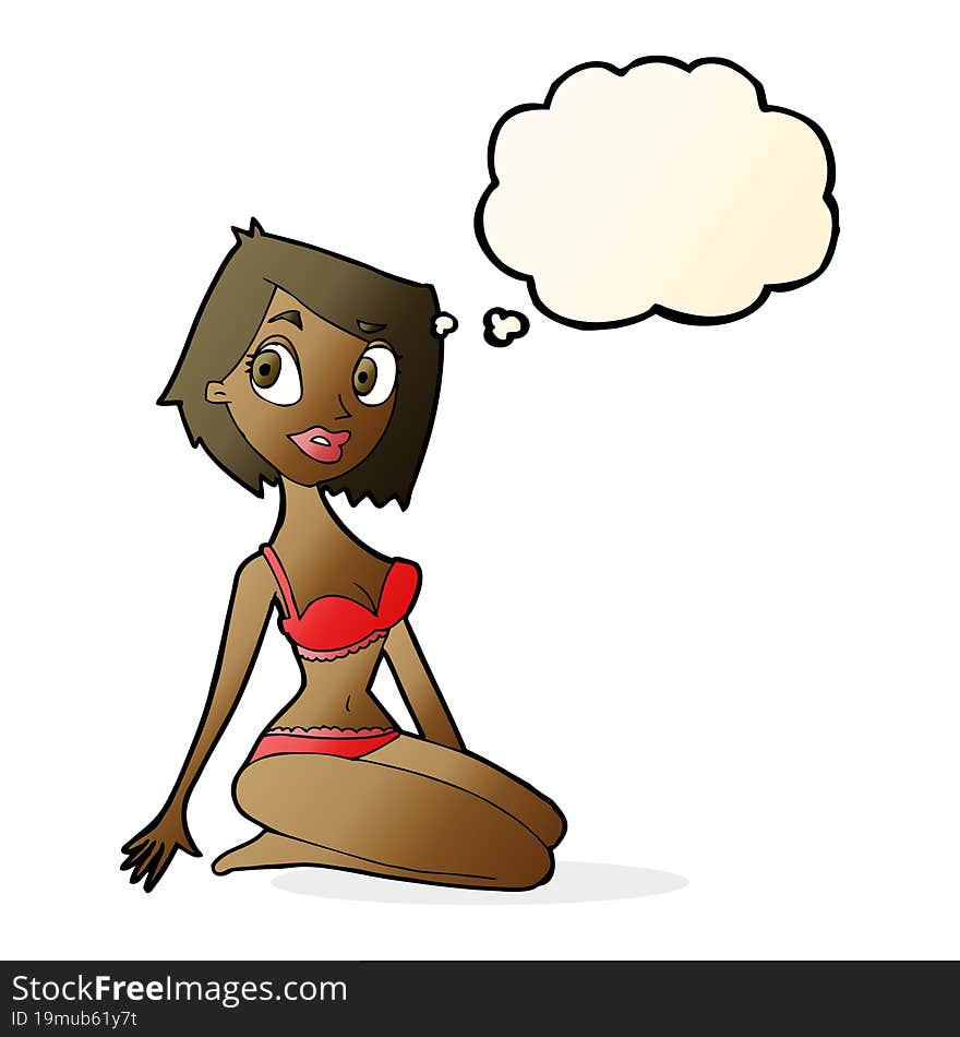 Cartoon Pretty Woman In Underwear With Thought Bubble