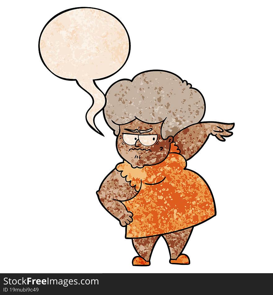 Cartoon Angry Old Woman And Speech Bubble In Retro Texture Style