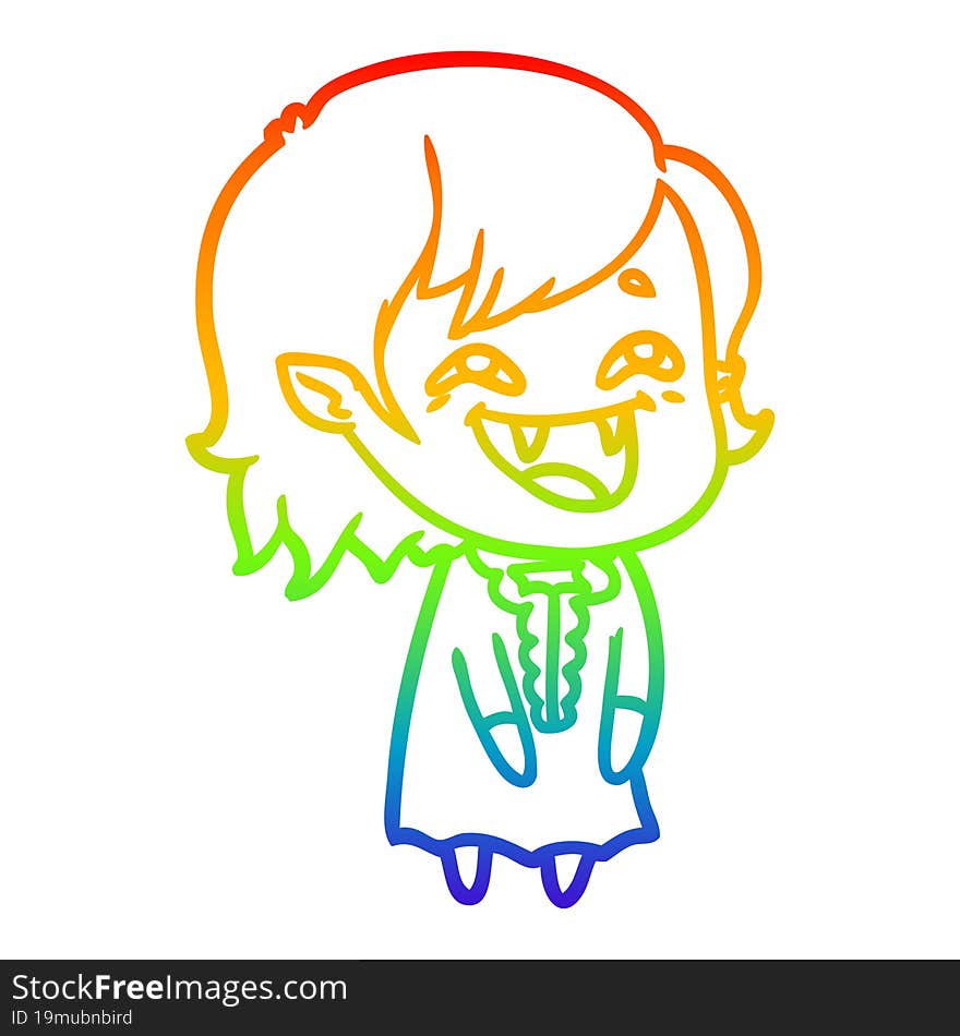 rainbow gradient line drawing of a cartoon laughing vampire girl