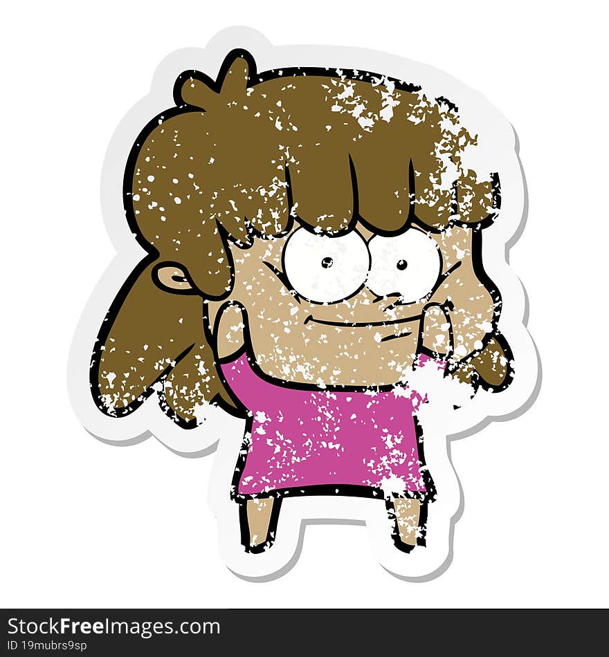 distressed sticker of a cartoon smiling woman