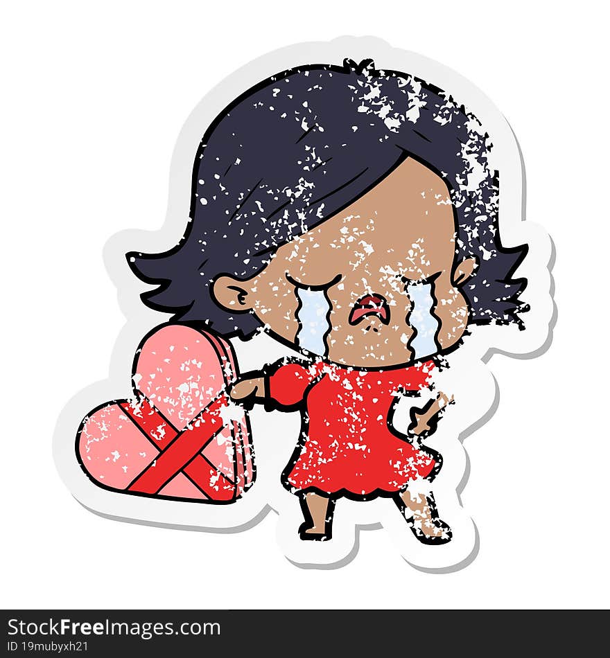 distressed sticker of a cartoon girl crying over valentines