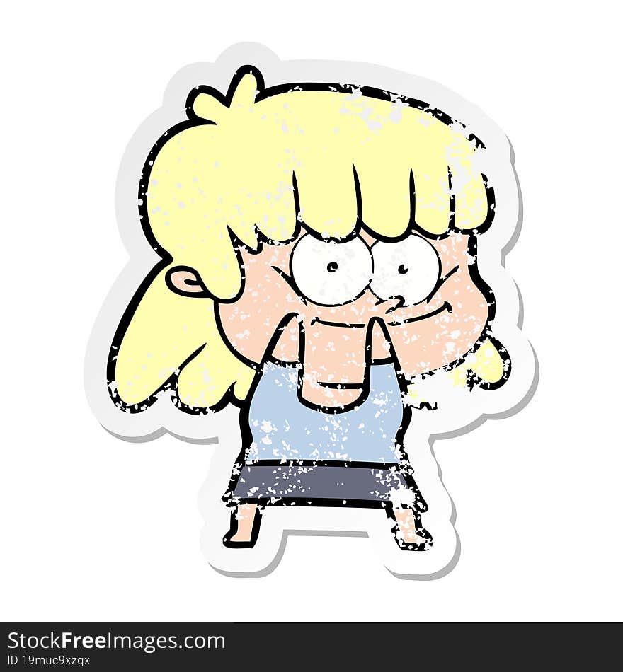 distressed sticker of a cartoon smiling woman