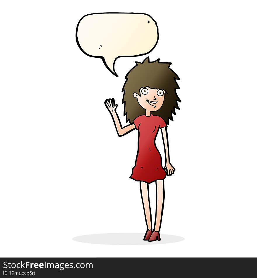 Cartoon Happy Woman Waving With Speech Bubble