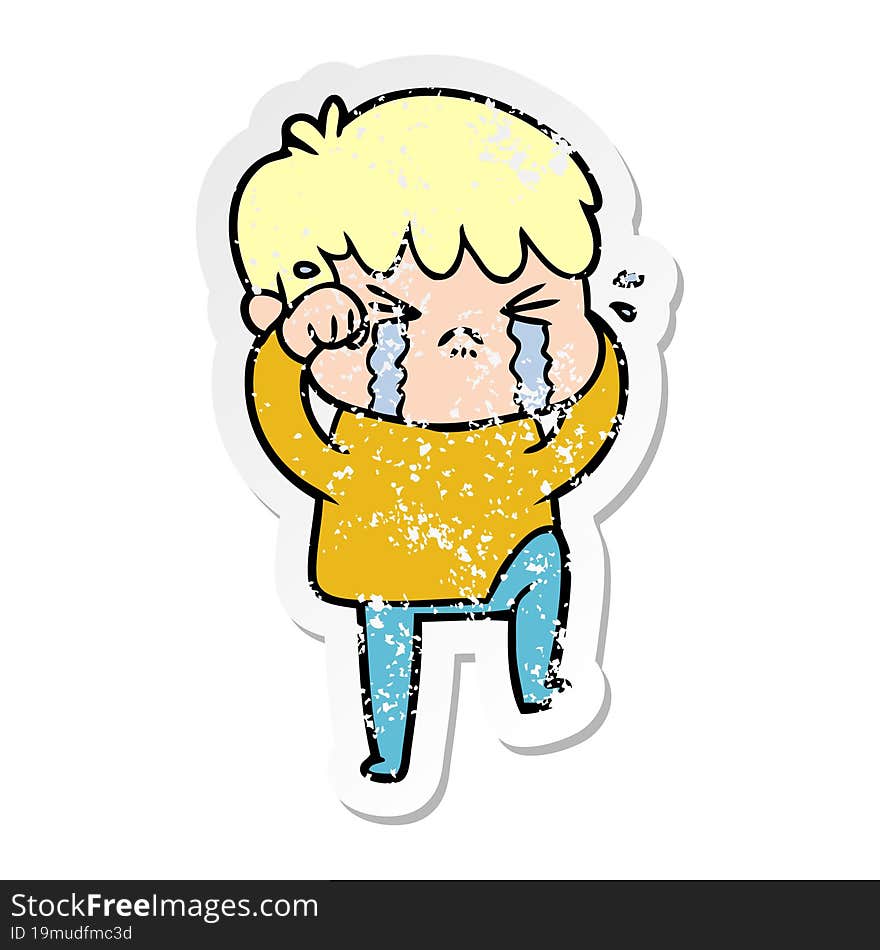 distressed sticker of a cartoon boy crying