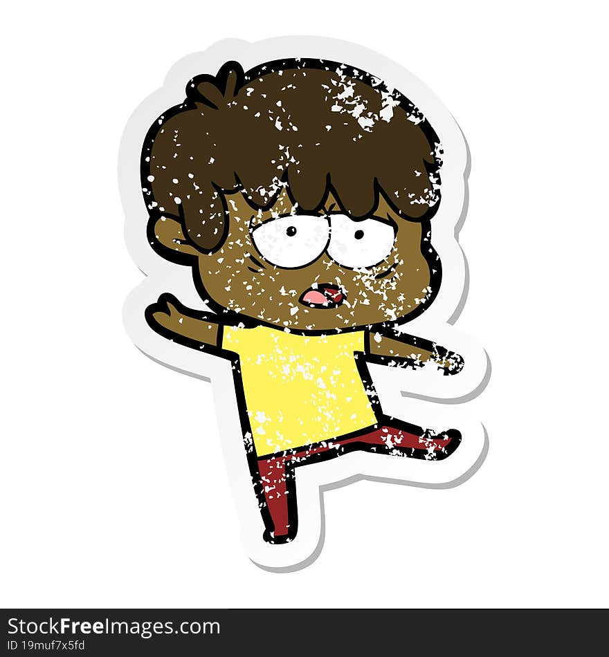 distressed sticker of a cartoon exhausted boy